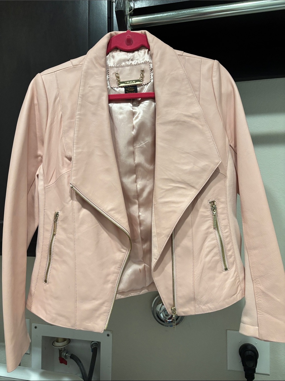 IMAN Blush Pink Faux Leather Draped Moto Jacket